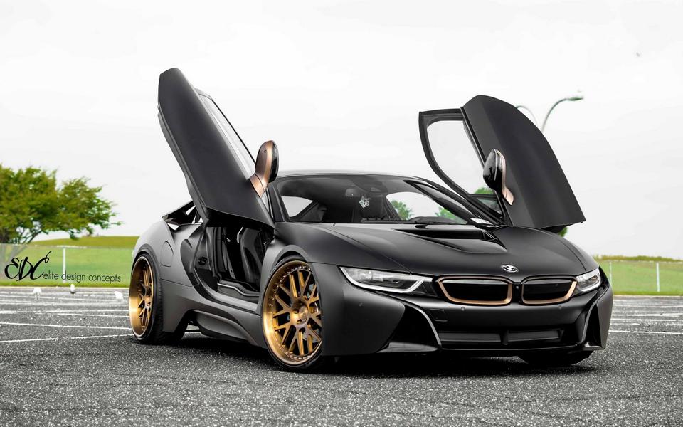 Mattschwarz BMW i8 Elite Design Felgen Tuning 6 Mattschwarzer BMW i8 auf goldenen Elite Design Alu’s