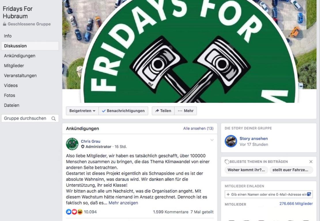 &#8222;Fridays For Hubraum&#8220; Facebook Gruppe vorrübergehend offline