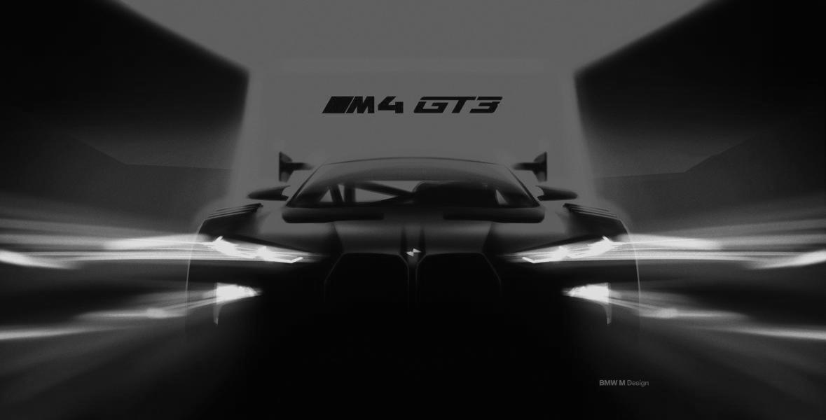 La vettura da corsa della BMW M4 GT3 mostra una parte anteriore M4 parzialmente nuova