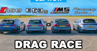 Drag Race BMW M5 Audi RS6 Mercedes AMG E63 Porsche Panamera Turbo S 310x165 Video: Alfa Romeo 4C vs. Mini JCW Roadster Drag Race