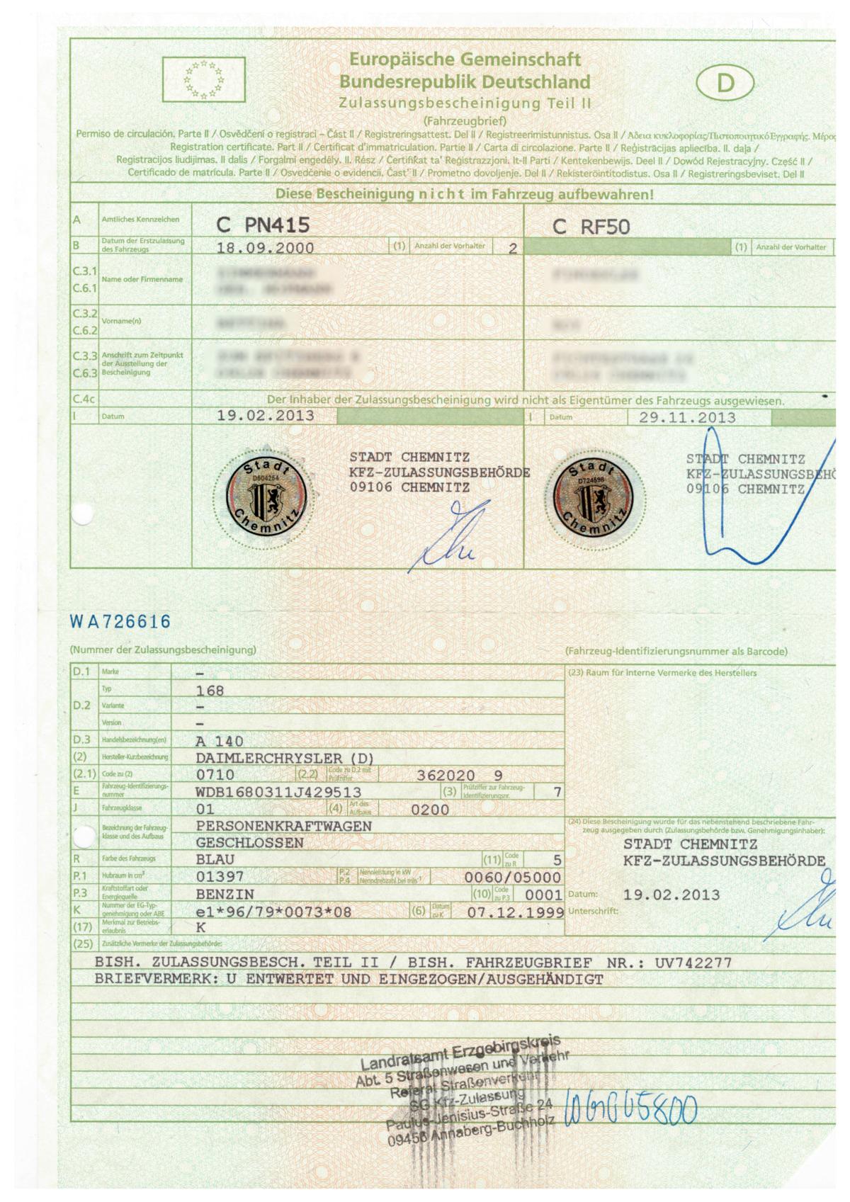 Fahrzeugbrief Zulassungsbescheini­gung 2 KFZ Brief Erklaerung