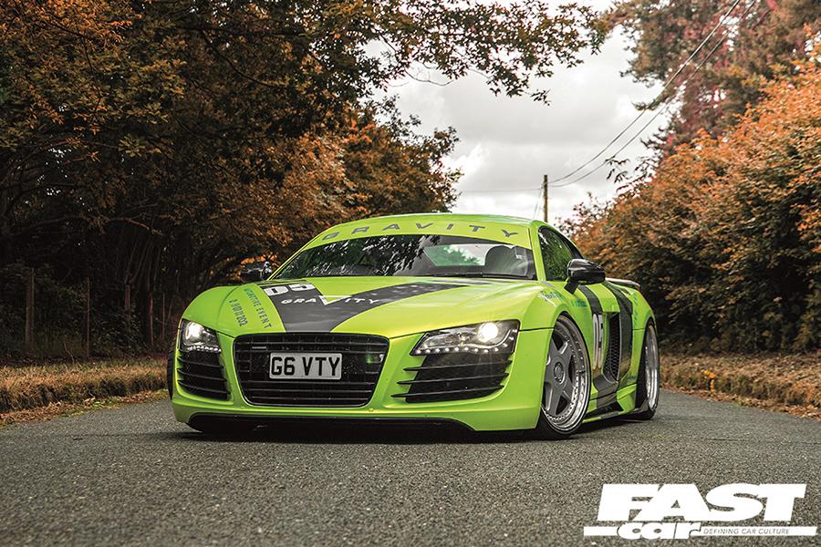 Slammed Audi R8 with yellow-green foiling and on 20 inches! 