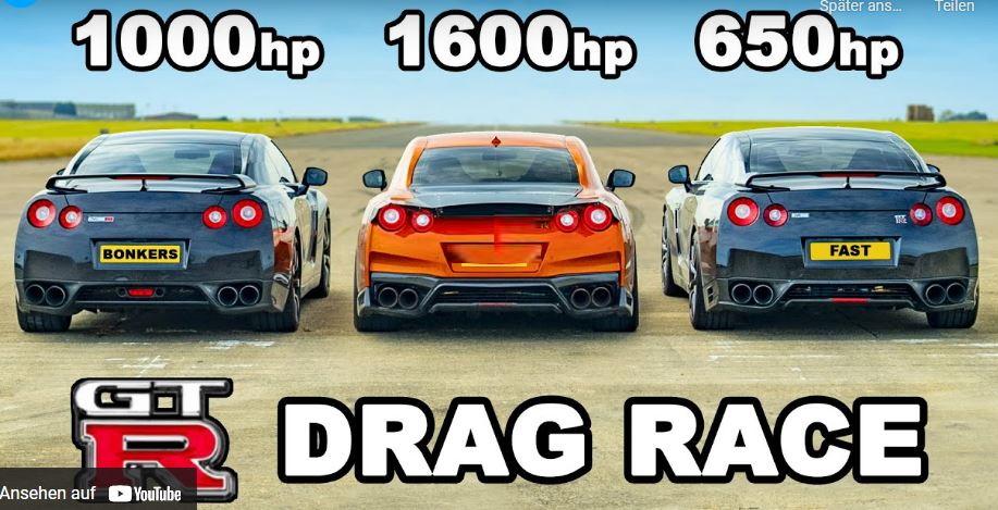 Drag Race Nissan GT R 1.600 PS vs. 1.000 PS vs. 650 PS Video: Drag Race Nissan GT R 1.600 PS vs. 1.000 PS vs. 650 PS!